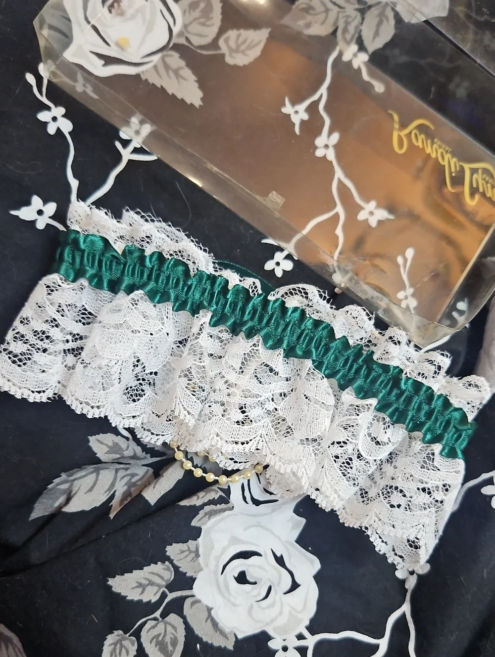 Vintage 90s  Lace Bridal Garter with Ribbon and Pearl Cluster And In box !!!